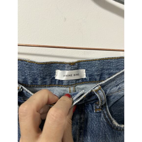 Anine Bing Straight Leg Jeans High Rise 100% Cotton Blue Raw Hem Distressed 25 - Picture 3 of 11